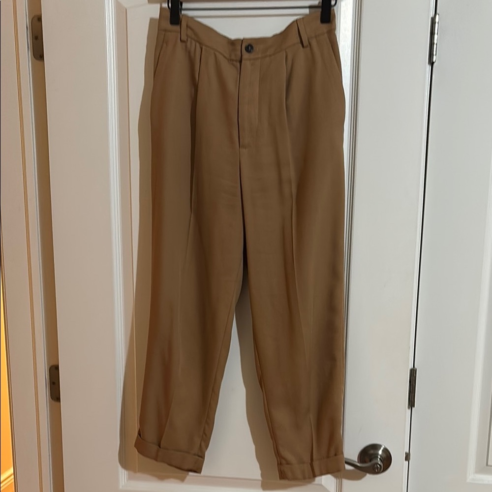 Tan Cropped Ankle Pants with Relaxed Fit